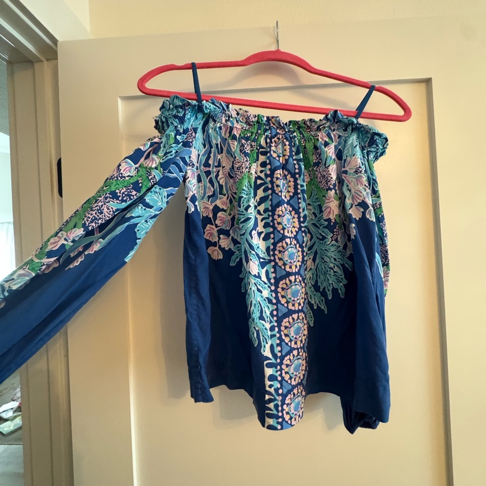 Lilly Pulitzer Navy Floral Off-Shoulder Top with Aqua & Pink
